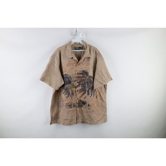 90s Ralph Lauren “BEACH CAMP” Navy L RRL Ralph Lauren Beach Blue Hawaiian Hand Painted Print Camp